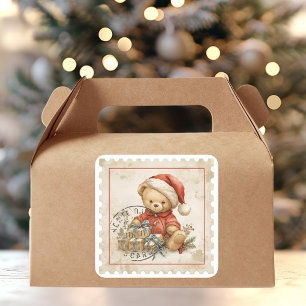 Retro Kerst Teddybeer met Cadeaus Postzegel Vierkante Sticker