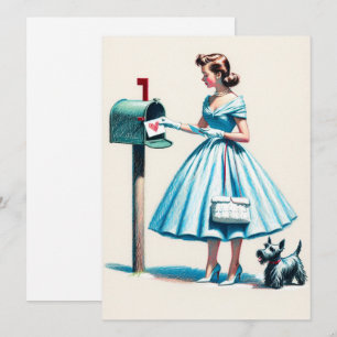 Retro Kerst Vrouw Met Scotty Hond Mailbox Feestdagenkaart