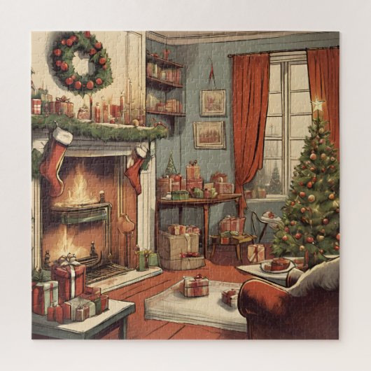 Retro Kerst Woonkamer met Kerstboom Legpuzzel (Verticaal)
