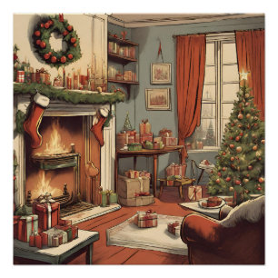 Retro Kerst Woonkamer met Kerstboom Perfect Poster