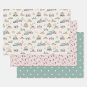Retro Kerst Wrapping Papier Flat Sheet Set van 3 Inpakpapier Vel