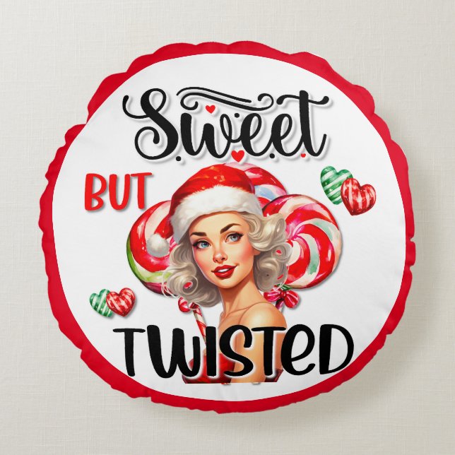 Retro Kerst Zoet Op Twisted Pinup Rond Kussen (Voorkant)