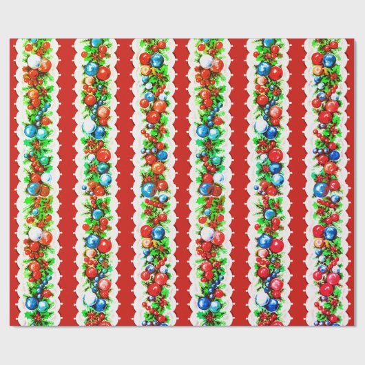  retro kerstbal Garland Stripe Cadeaupapier (Vlak)