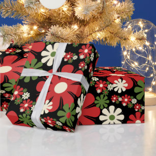 Retro kerstbloemen 60s 70s Floral op zwart Cadeaupapier
