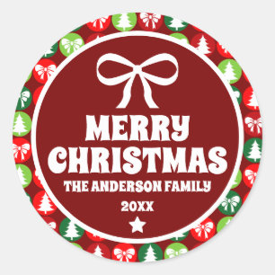 Retro Kerstbomen en Bogen Ornament Ronde Sticker