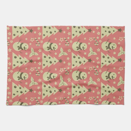 Retro Kerstbomen holly bessen ster snoep Theedoek (Horizontaal)