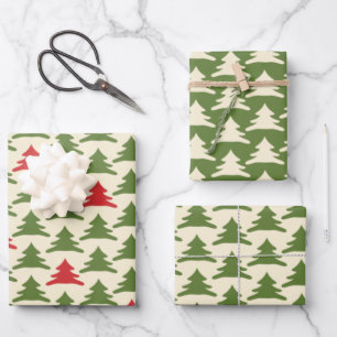 Retro Kerstbomen in Olijfgroen Rode Crème Inpakpapier Vel