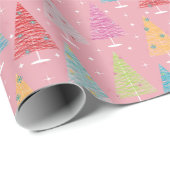 Retro kerstbomen Roze Kerstmis Cadeaupapier (Rol Hoek)