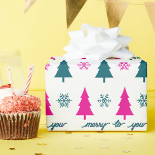 Retro Kerstbomen Roze Teal Sneeuwvlokken Cadeaupapier