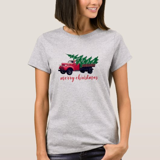 Retro Kerstboom op Rode Truck Shirt Vrouwen (Voorkant)