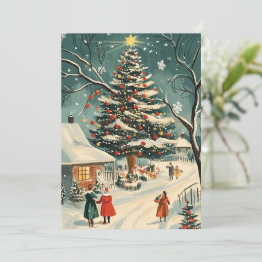 Retro Kerstboom Village Scene Feestdagenkaart (Staand voorkant)