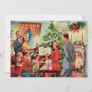Retro kerstfamilie speelt piano af Feestdagenkaart