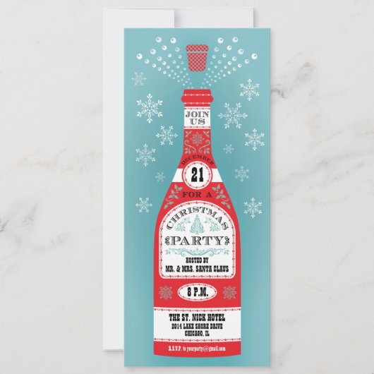 Retro Kerstfeest Champagne Fles Uitnodiging (Voorkant)