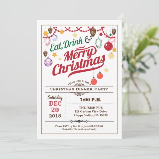 Retro kerstfeest eet drink en wees vrolijk kaart (Staand voorkant)