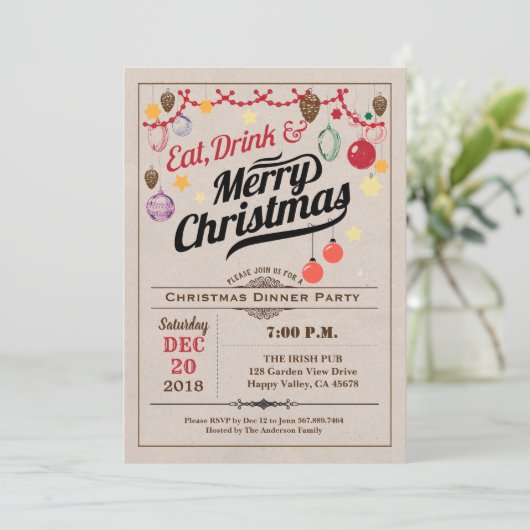 Retro kerstfeest eet drink vrolijk kerstfeest kaart (Staand voorkant)