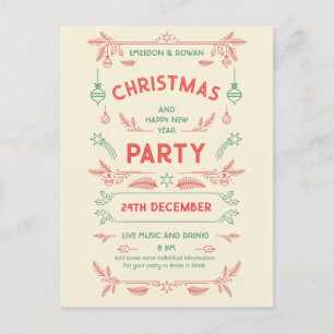 Retro Kerstfeest Rood & Groen met Ornamenten Briefkaart