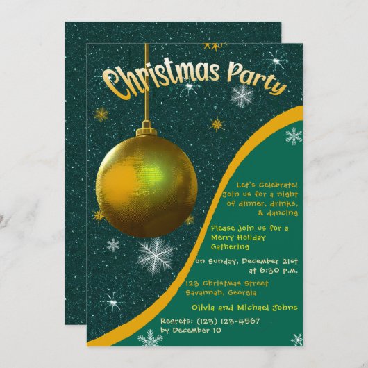 Retro Kerstfeest uitnodiging Groen en goud (Voorkant / Achterkant)