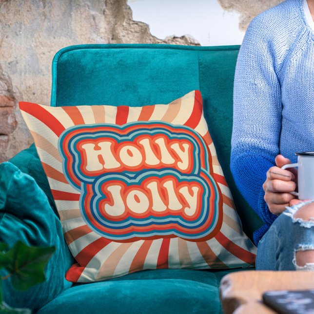 Retro kerstFeestdagen Holly Jolly Typografie Kussen (Creator heeft geüpload)