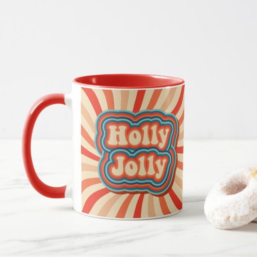 Retro kerstFeestdagen Holly Jolly Typografie Mok (Met donut)