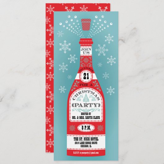 Retro kerstfeestfeest Champagne Kaart (Voorkant / Achterkant)