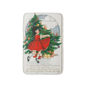 Retro kerstkaart, kind en kerstboom badmat