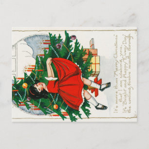 Retro kerstkaart, kind en kerstboom briefkaart