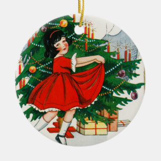 Retro kerstkaart, kind en kerstboom keramisch ornament