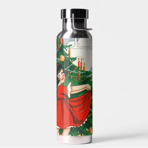 Retro kerstkaart, kind en kerstboom waterfles