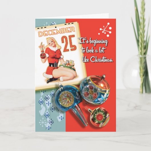 Retro Kerstkaarten met Pin-Up Girl uit de jaren 50 Feestdagen Kaart (Voorkant)