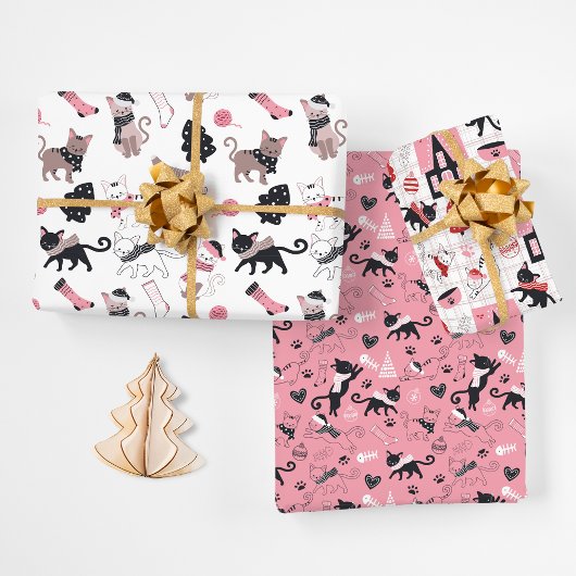 Retro Kerstkatten Roze Grijs Inpakpapier Vel