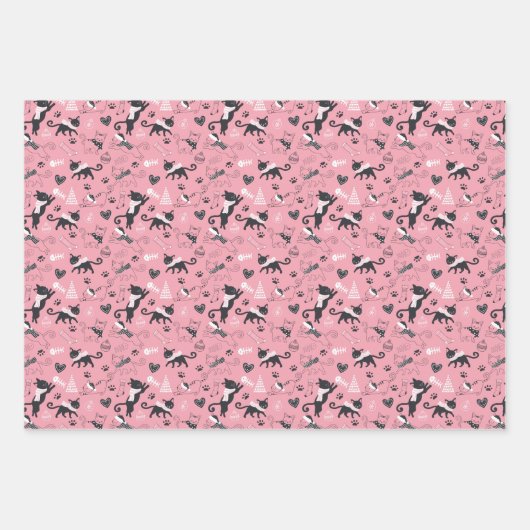 Retro Kerstkatten Roze Grijs Inpakpapier Vel (Voorkant 3)