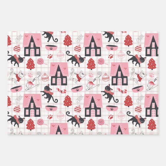 Retro Kerstkatten Roze Grijs Inpakpapier Vel (Voorkant 2)