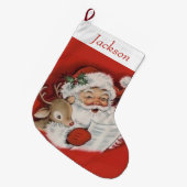 retro kerstman en rendier gepersonaliseerd grote kerstsok (Voorkant (Hangend))