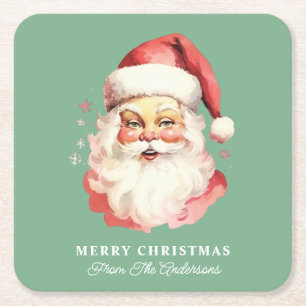 Retro Kerstman Groen Gepersonaliseerde Naam Kerstm Vierkante Kartonnen Onderzetter