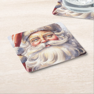 Retro Kerstman in een rood Pet Vierkante Kartonnen Onderzetter