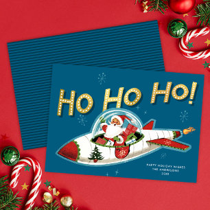 Retro Kerstman in raket Ho Ho Ho niet-foto Kerstka Feestdagenkaart