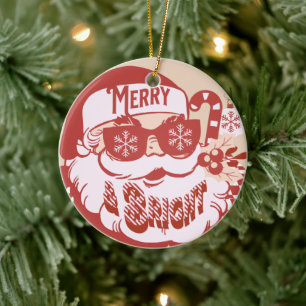 Retro Kerstman Merry Bright Kerstmis Roze Rood Keramisch Ornament