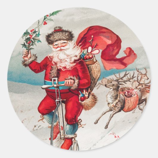 RETRO KERSTMAN OP EEN FIETS Ronde Sticker (Voorkant)