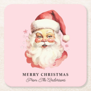 Retro Kerstman Roze Gepersonaliseerde Naam Kerstmi Vierkante Kartonnen Onderzetter