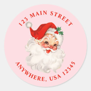 Retro kerstman roze retro adreslabel ronde sticker
