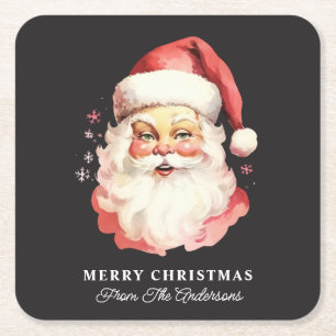 Retro Kerstman Zwart Gepersonaliseerde Naam Kerstm Vierkante Kartonnen Onderzetter