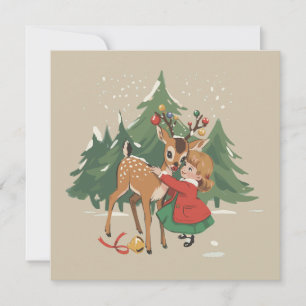 Retro Kerstmeisje en Rendier Vintage Boom Feestdagenkaart
