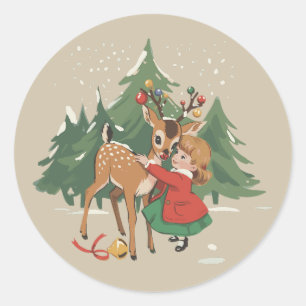 Retro Kerstmeisje en Rendier Vintage Boom Ronde Sticker