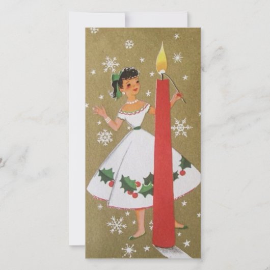 Retro Kerstmeisje In Goud en Wit Feestdagenkaart (Voorkant)