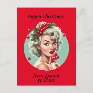 Retro Kerstmis 1950s pin-up meisje - hulstbessen Briefkaart