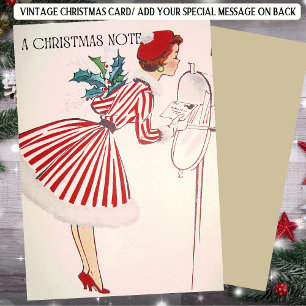 Retro Kerstmis Dame in het Rode met Feestdagenkaart