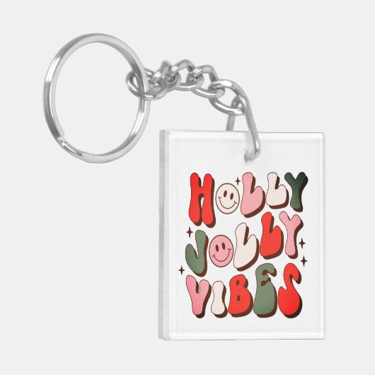 Retro Kerstmis Holly Jolly Vibes Trendy Feestdagen Sleutelhanger (Voorkant Links)