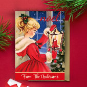 Retro Kerstmis Meisje in Pony Staart Custom Feestdagen Kaart