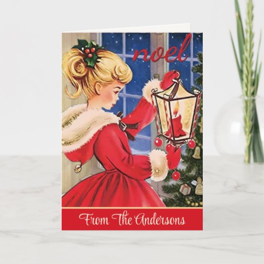 Retro Kerstmis Meisje in Pony Staart Custom Feestdagen Kaart (Voorkant)