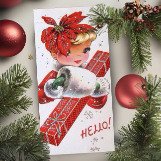 Retro Kerstmis Poinsettia Lady Custom Feestdagenkaart